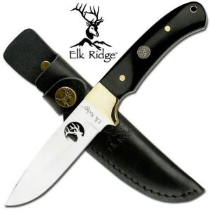 KNIFE ELKRIDGE HUNTER - DEER CUT OUT IN STAINLESS 100MM BLADE WITH BLACK WOOD HANDLE IN BLACK LEATHER SHEATH