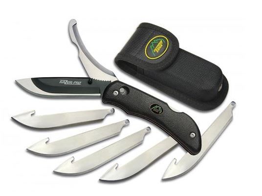 OUTDOOREDGE RAZOR-PRO BLACK IN BLACK POUCH WITH GUTHOOK & 6 REPLACEABLE BLADES