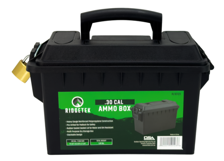 AMMO BOX RIDGETEK SMALL 100 x 150 x 240mm WITH PADLOCK DARK GREEN